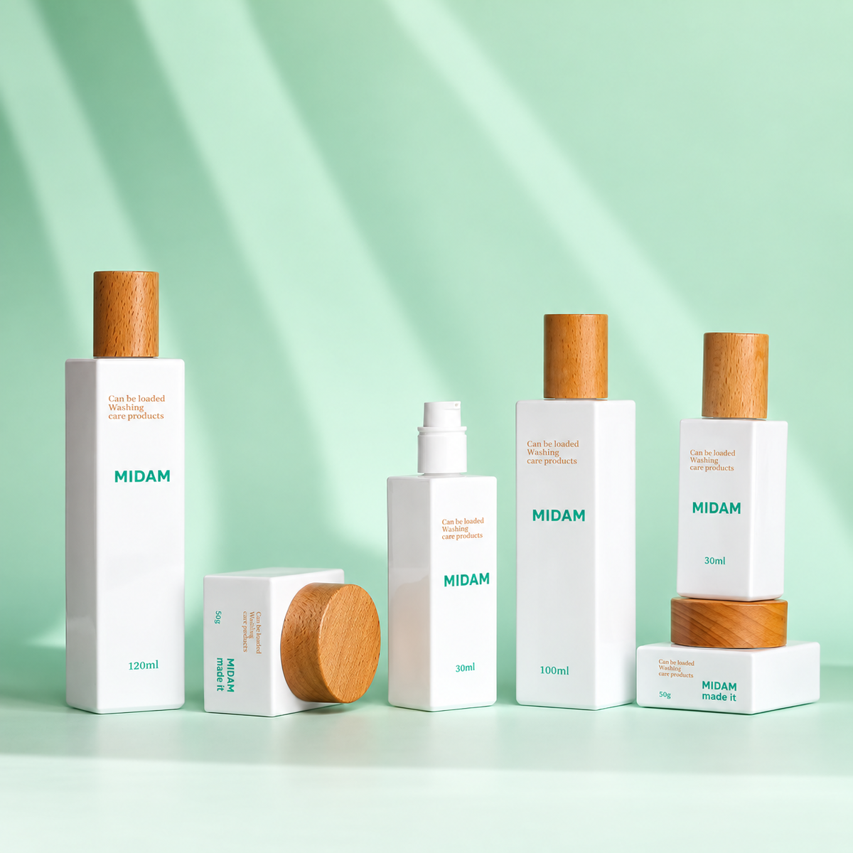 MB-0534 유리 우드 캡 사각 스킨케어 세트 용기 30ml / 50ml / 100ml / 120ml / 30g / 50g