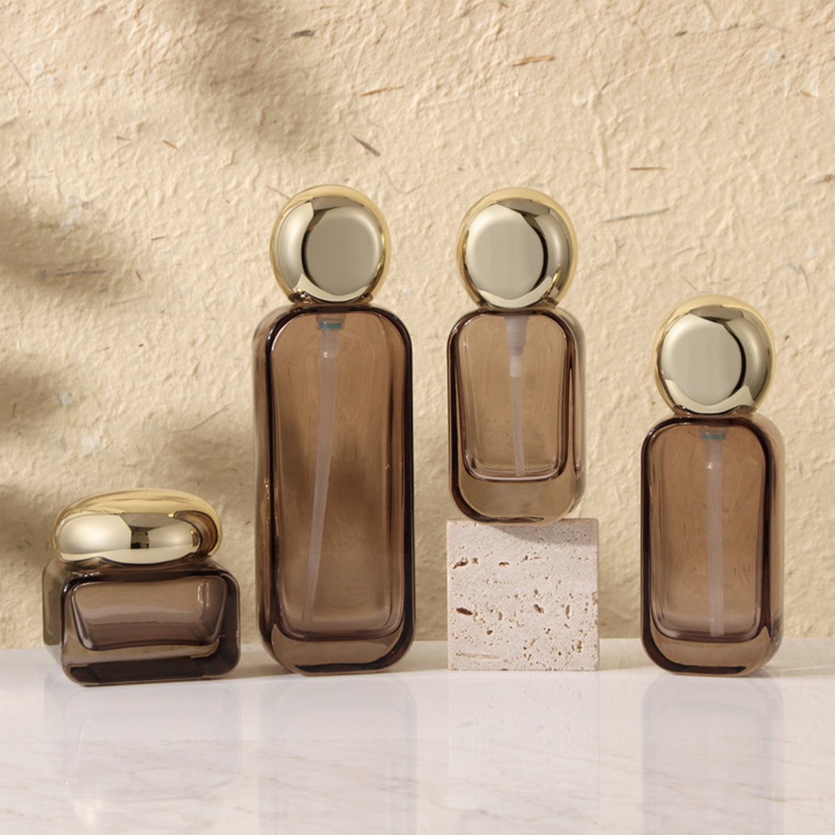 MB-0709 골드 원형 캡 스모키 유리 스킨케어 용기 세트 20ml / 30ml / 50ml / 100ml / 120ml / 30g / 50g