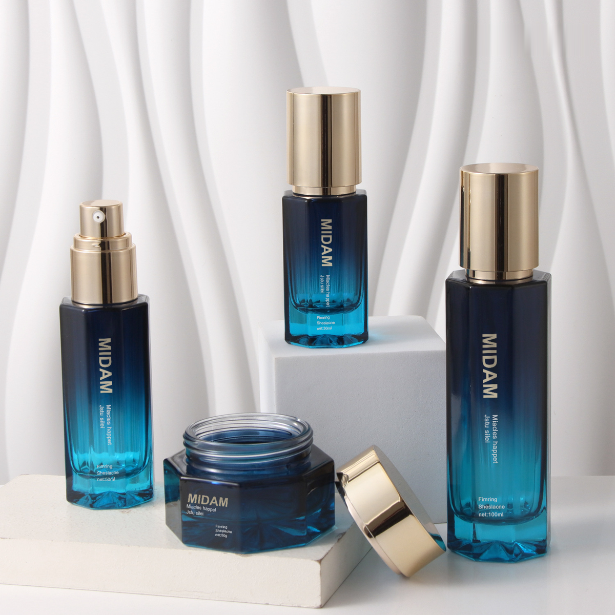 MB-0711 블루 그라데이션 팔각 유리 스킨케어 용기 세트 30ml / 50ml / 100ml / 120ml / 30g