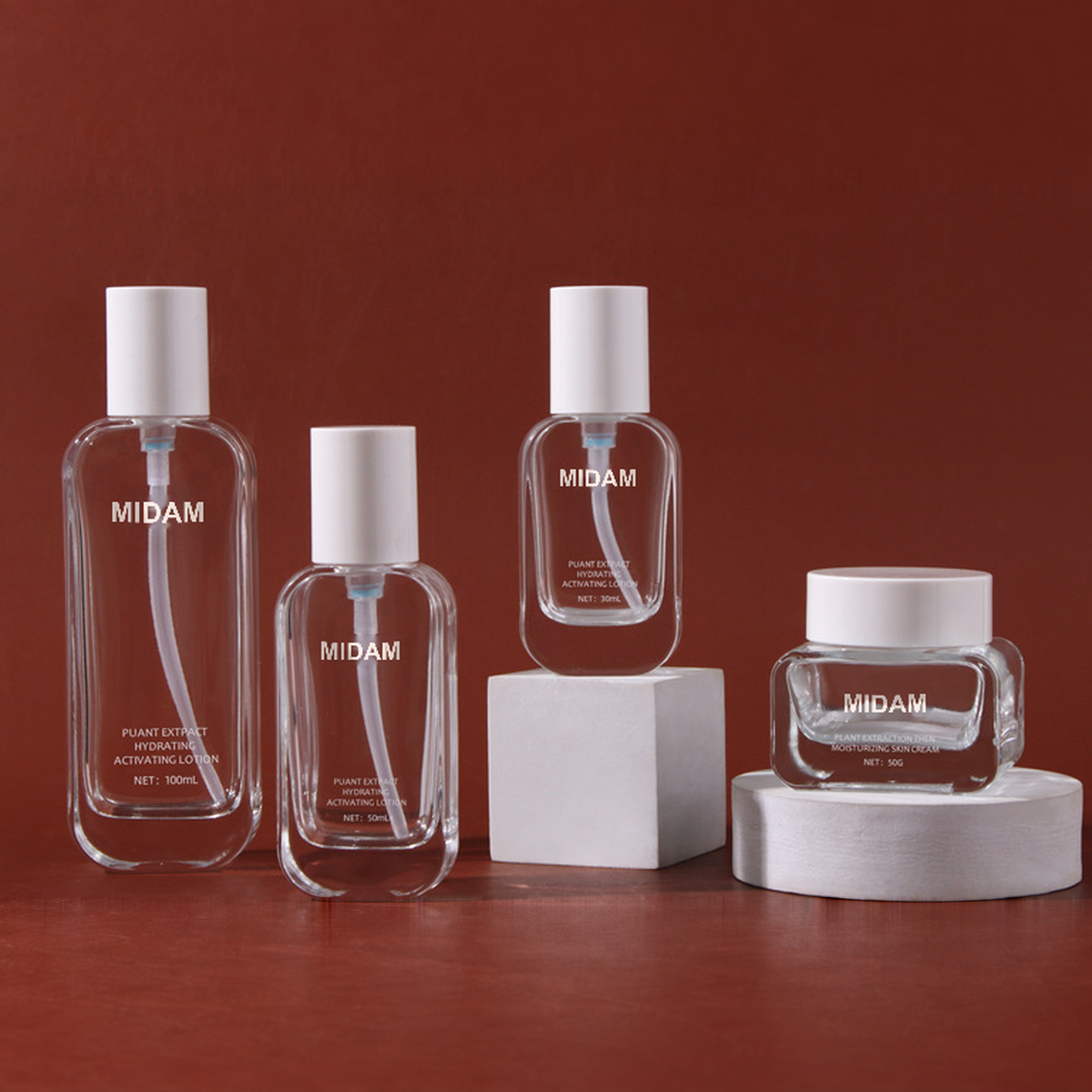 MB-0720 투명 라운드 사각 유리 스킨케어 용기 세트 30ml / 50ml / 100ml / 120ml / 50g