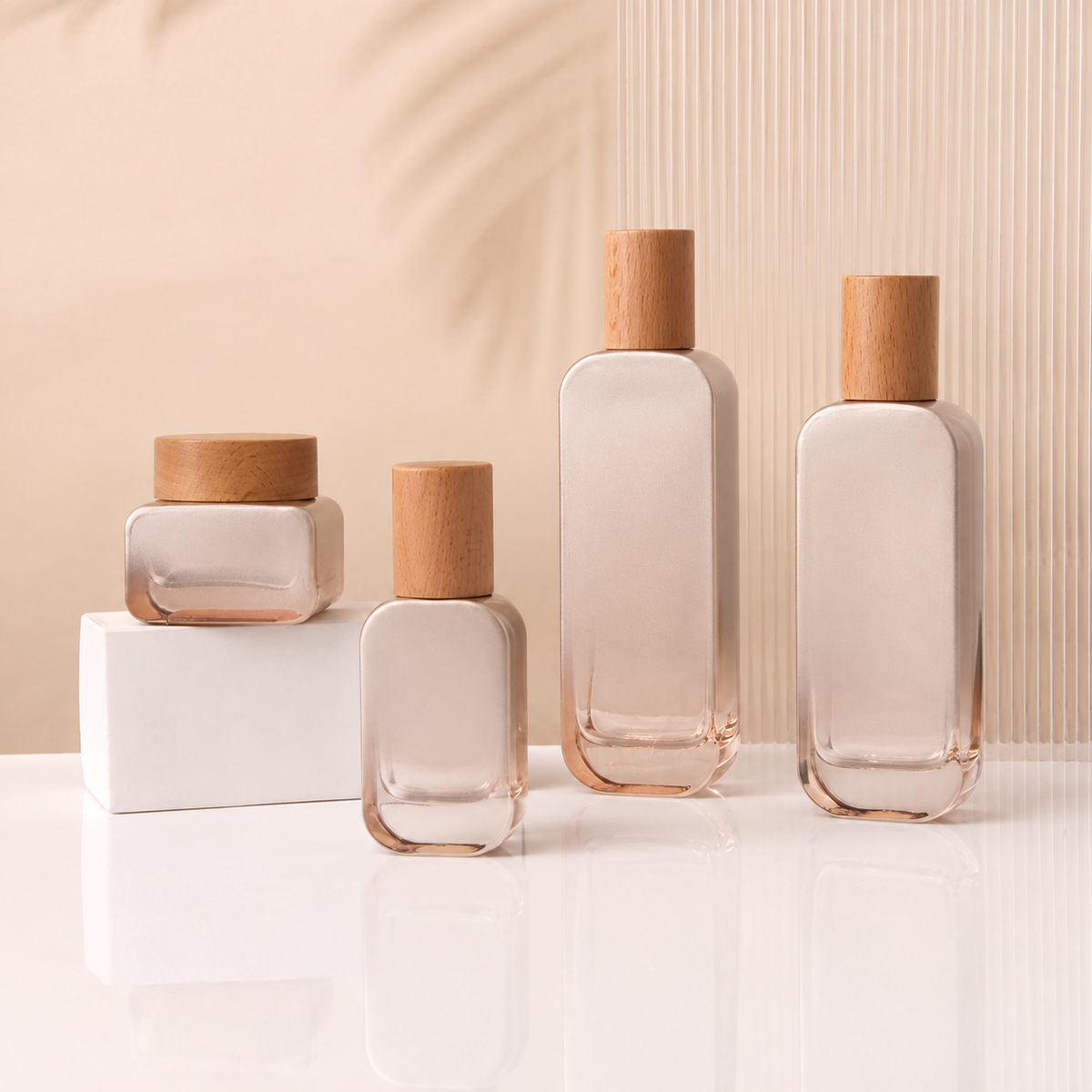 MB-0734 우드 캡 투명 유리 스킨케어 용기 세트 30ml / 50ml / 100ml / 120ml / 50g