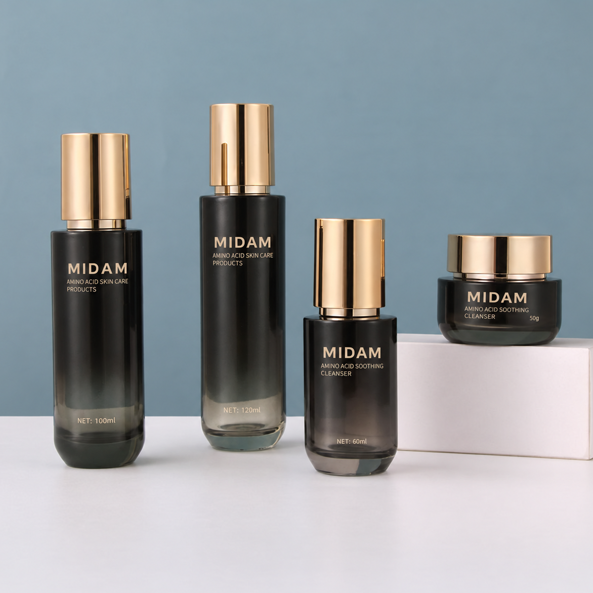 MB-0741 골드 캡 블랙 그라데이션 유리 용기 세트 40ml / 60ml / 100ml / 120ml / 50g