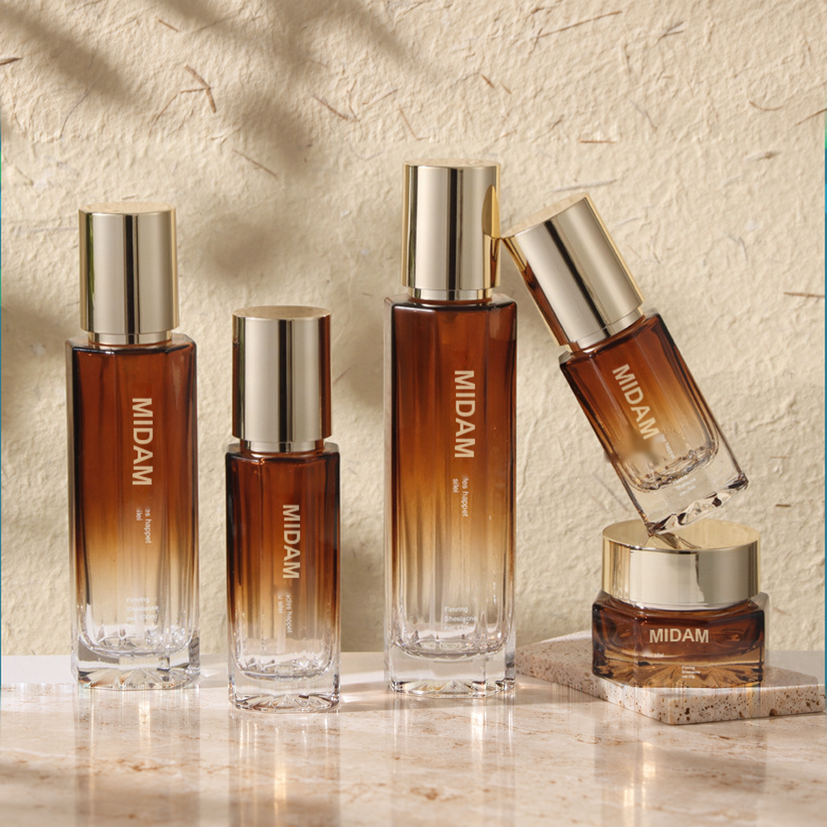 MB-0744 골드 캡 앰버 그라데이션 각형 유리 용기 세트 30ml / 50ml / 100ml / 120ml / 30g