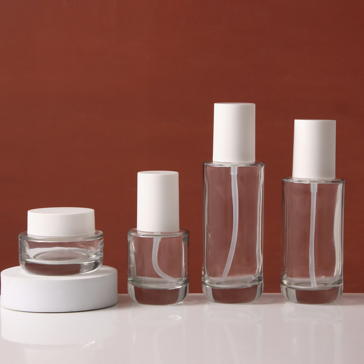 MB-0746 화이트 캡 투명 유리 용기 세트 30ml / 50ml / 100ml / 120ml / 30g / 50g