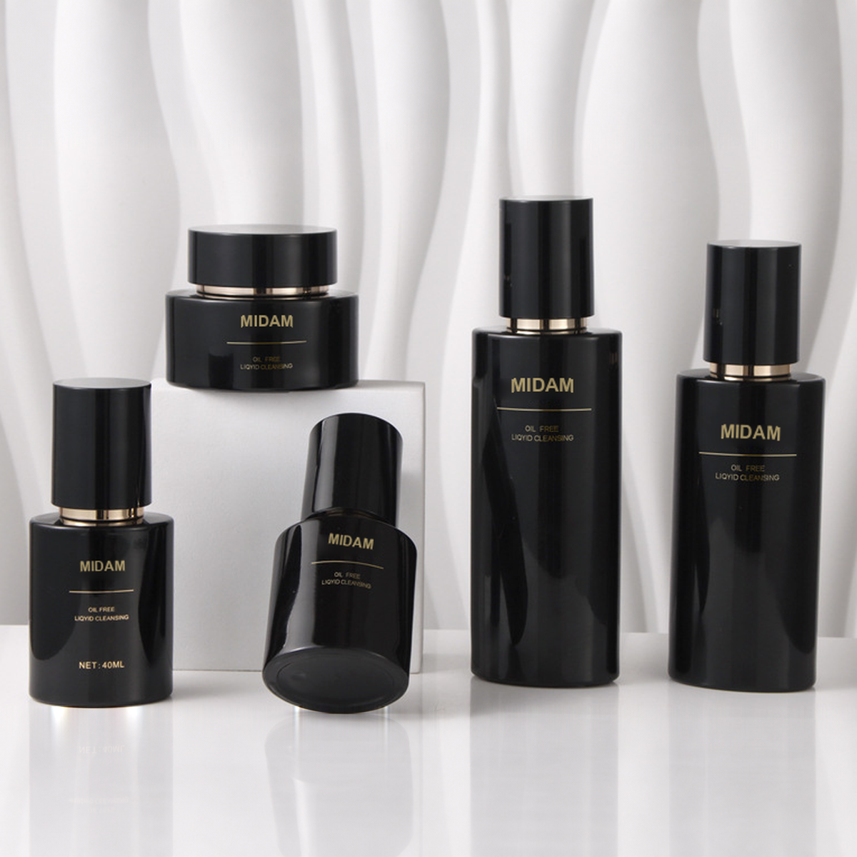 MB-0749 블랙 타원형 유리 화장품 용기 세트 30ml / 40ml / 100ml / 120ml / 30g / 50g