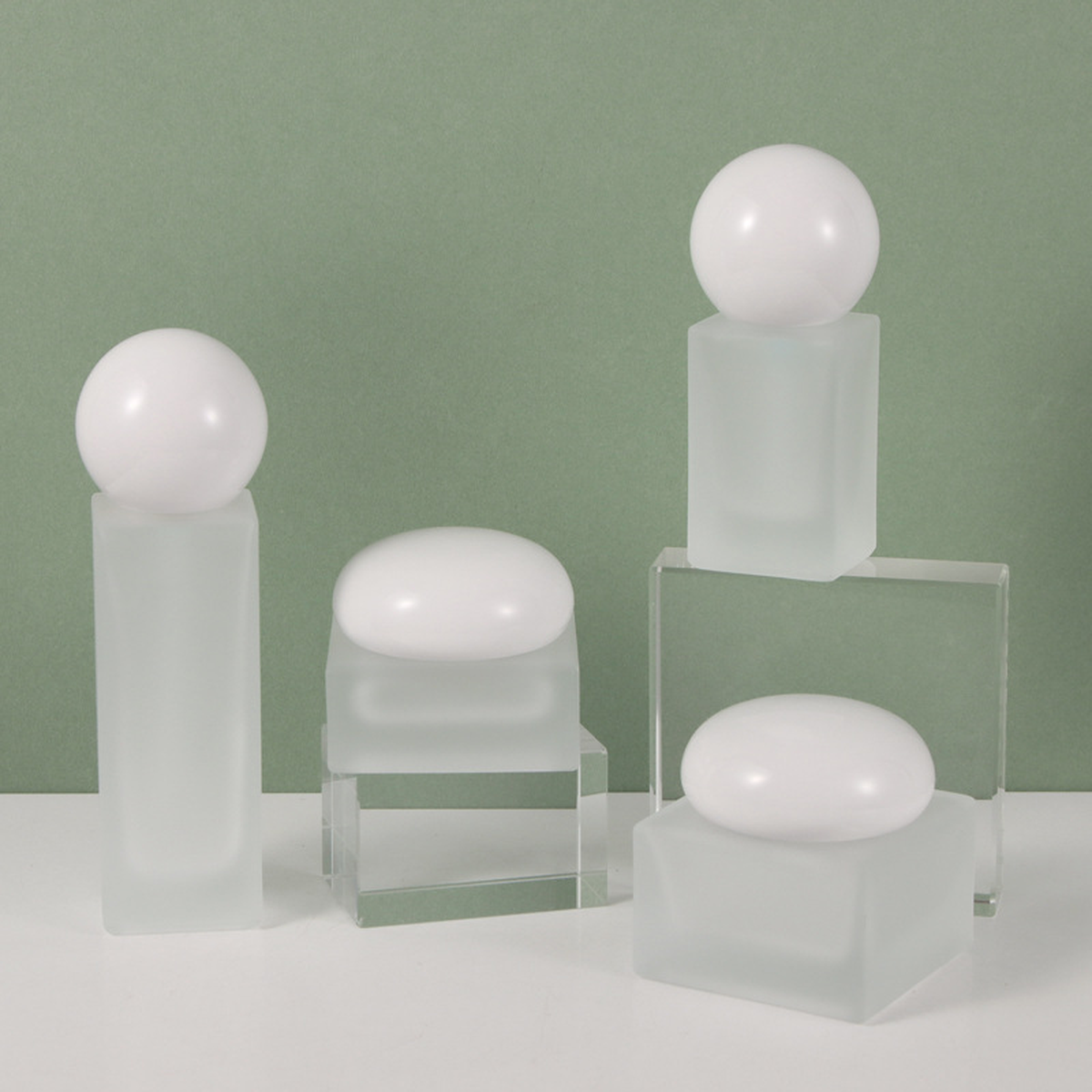 MB-0755 화이트 볼 캡 사각 프로스트 유리 용기 세트 20ml / 30ml / 50ml / 100ml / 120ml / 30g / 50g