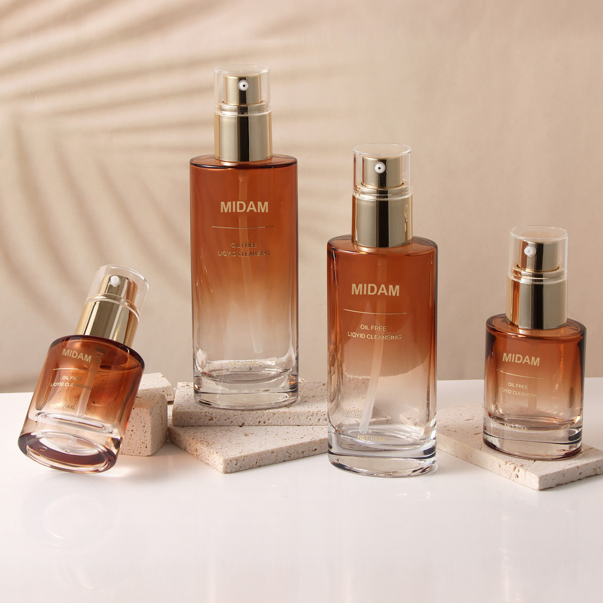 MB-0758 골드 펌프 앰버 그라데이션 타원형 유리 용기 세트 30ml / 40ml / 100ml / 120ml / 30g / 50g