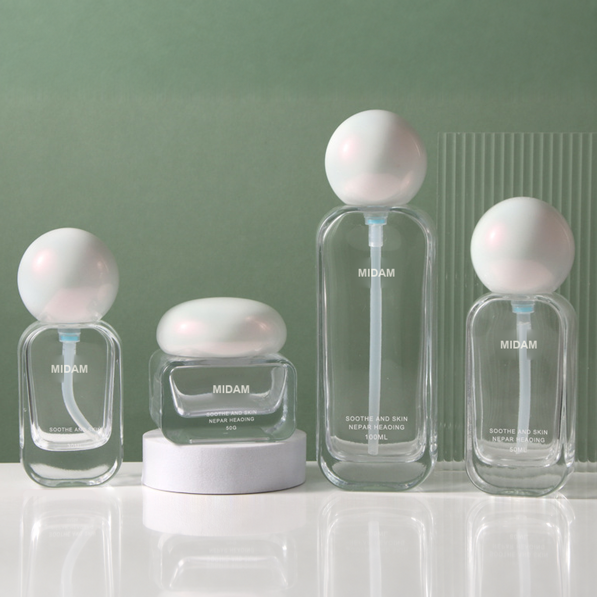 MB-0760 펄 화이트 볼 캡 투명 사각 유리 용기 세트 20ml / 30ml / 50ml / 100ml / 120ml / 30g / 50g