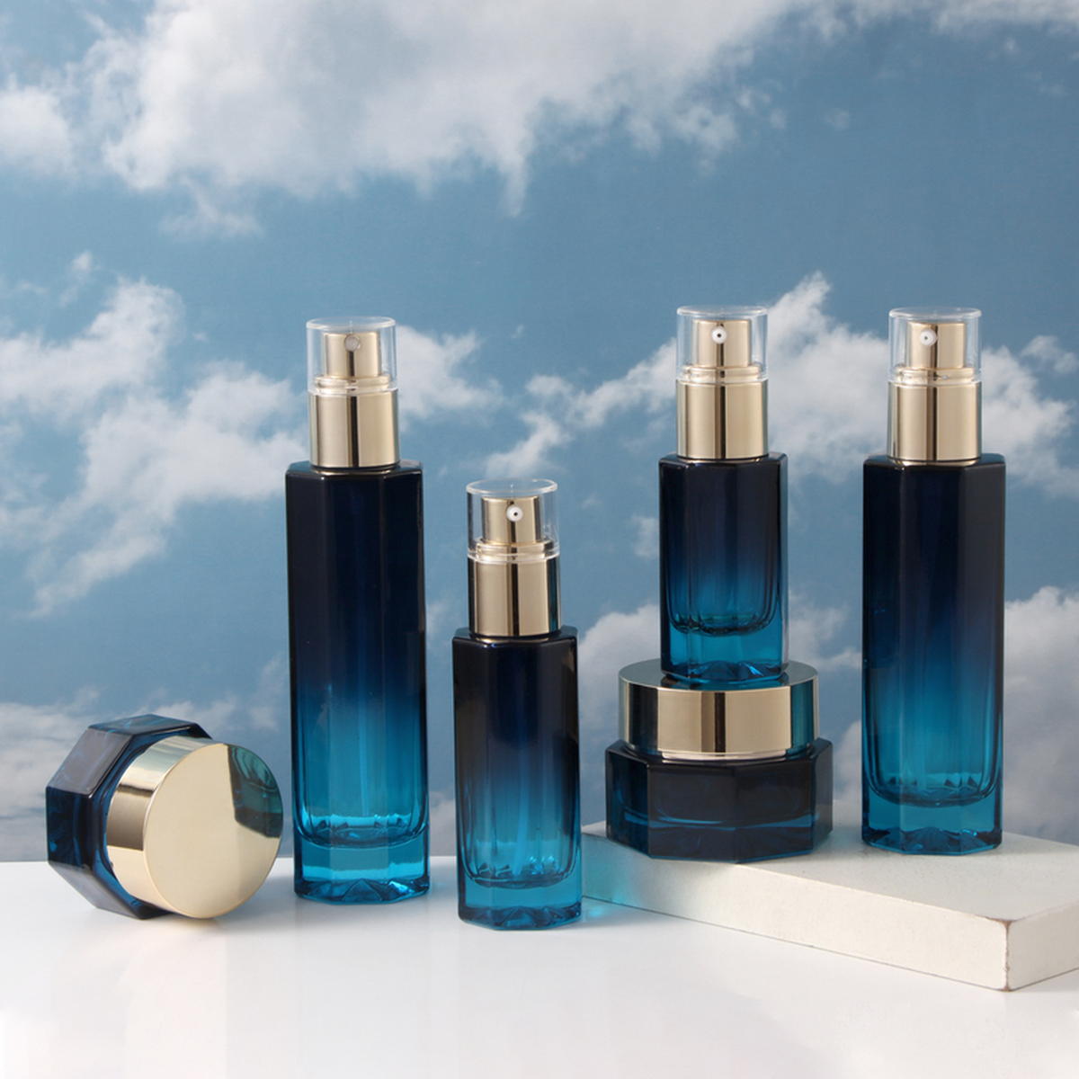 MB-0761 블루 그라데이션 골드 펌프 유리 용기 세트 30ml / 50ml / 100ml / 120ml / 30g / 50g