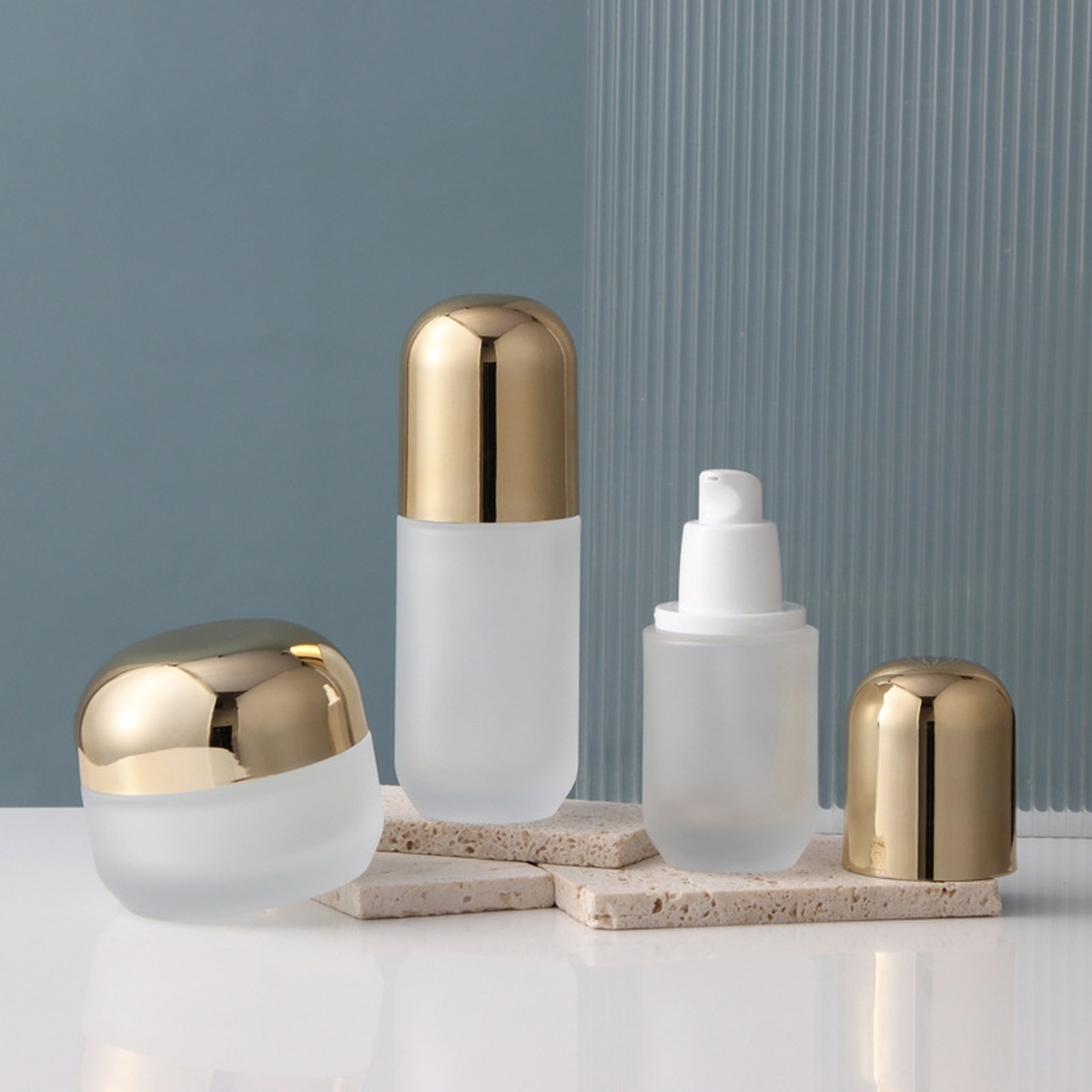 MB-0762 골드 라운드 캡 프로스트 유리 용기 세트 30ml / 40ml / 60ml / 100ml / 120ml / 50g