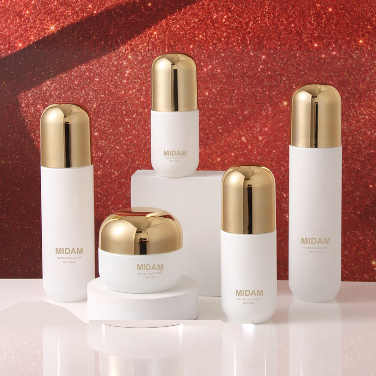 MB-0766 골드 라운드 캡 화이트 유리 용기 세트 30ml / 40ml / 60ml / 100ml / 120ml / 50g