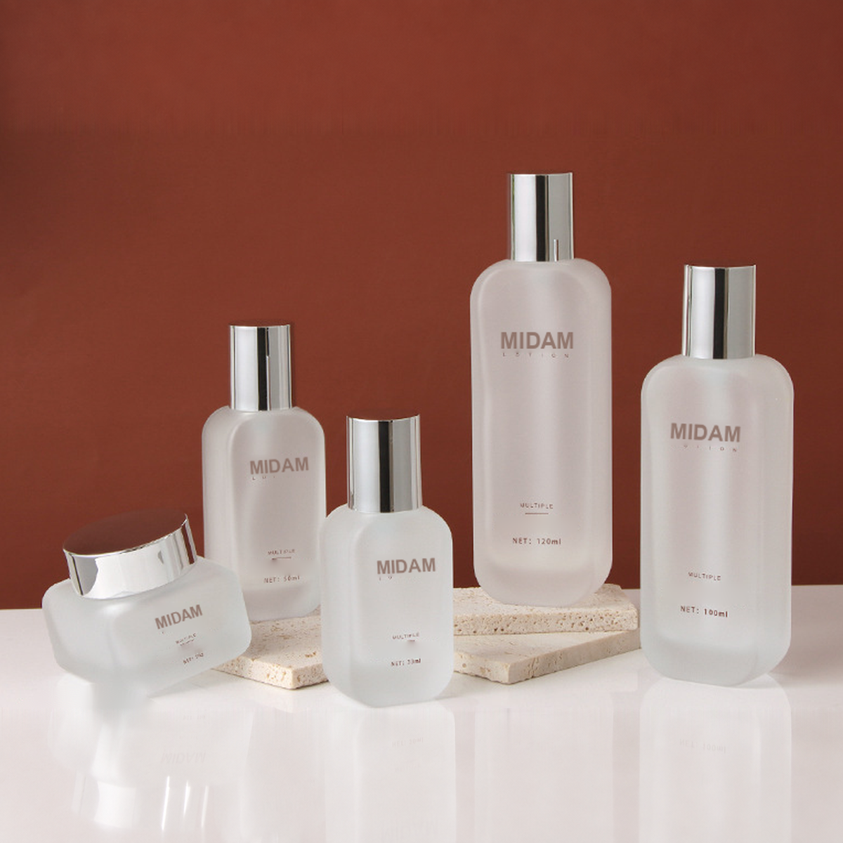 MB-0768 실버 캡 프로스트 사각 유리 용기 세트 30ml / 50ml / 100ml / 120ml / 50g