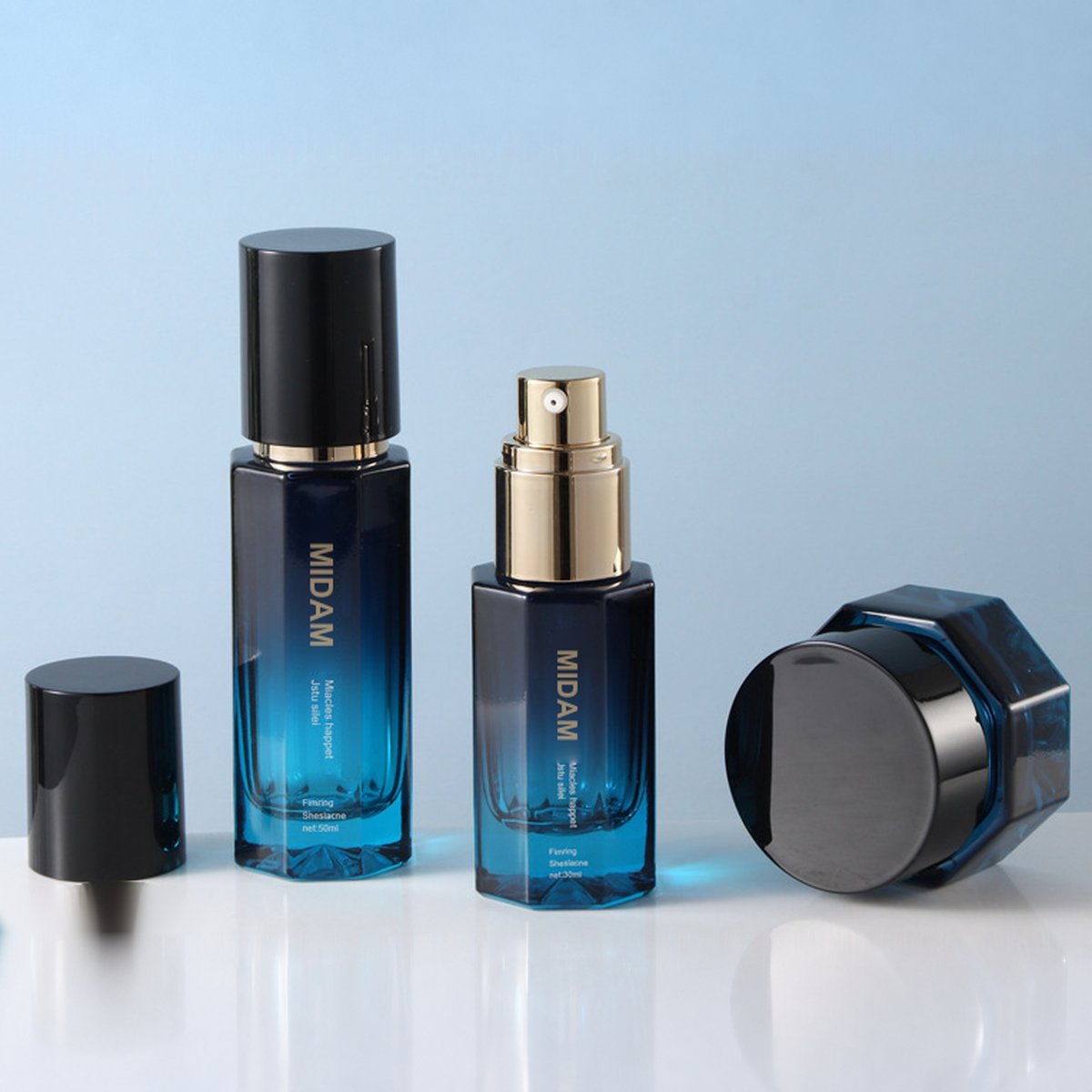 MB-0769 블루 그라데이션 팔각 유리 용기 세트 30ml / 50ml / 100ml / 120ml / 30g
