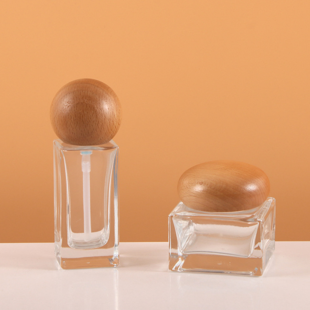 MB-0772 우드톤 라운드 캡 사각 유리 용기 세트 20ml / 30ml / 50ml / 100ml / 120ml / 30g / 50g