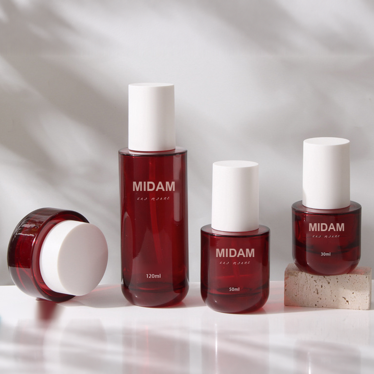 MB-0775 화이트 캡 레드 유리 용기 세트 30ml / 50ml / 100ml / 120ml / 30g / 50g