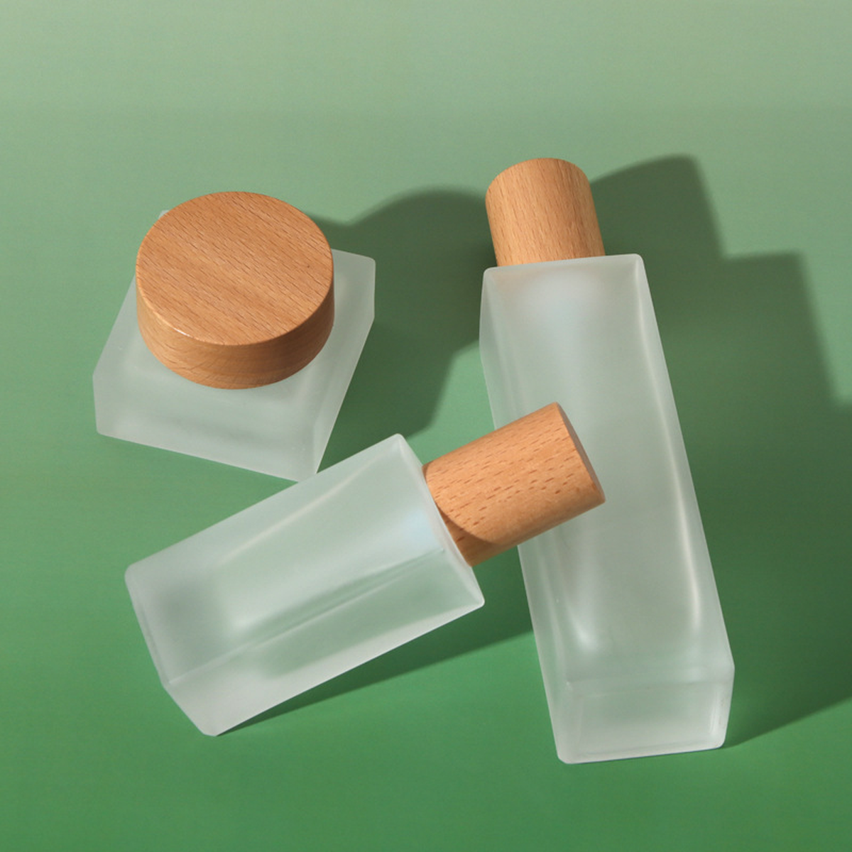 MB-0778 우드톤 캡 프로스트 사각 유리 용기 세트 30ml / 50ml / 100ml / 120ml / 30g