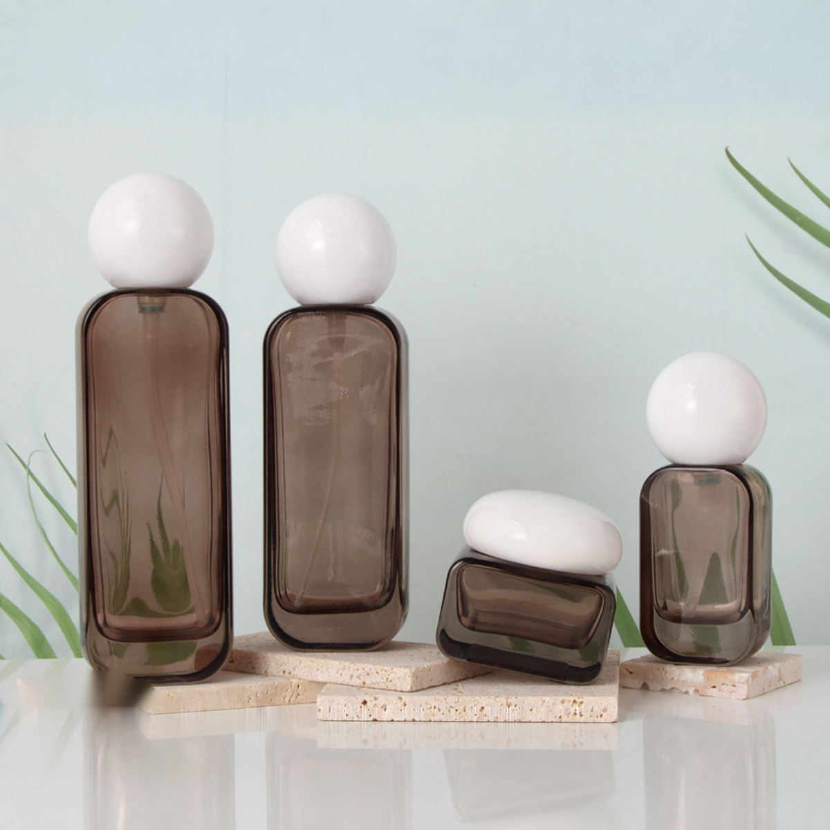 MB-0779 화이트 볼 캡 브라운 유리 용기 세트 30ml / 50ml / 100ml / 120ml / 30g / 50g