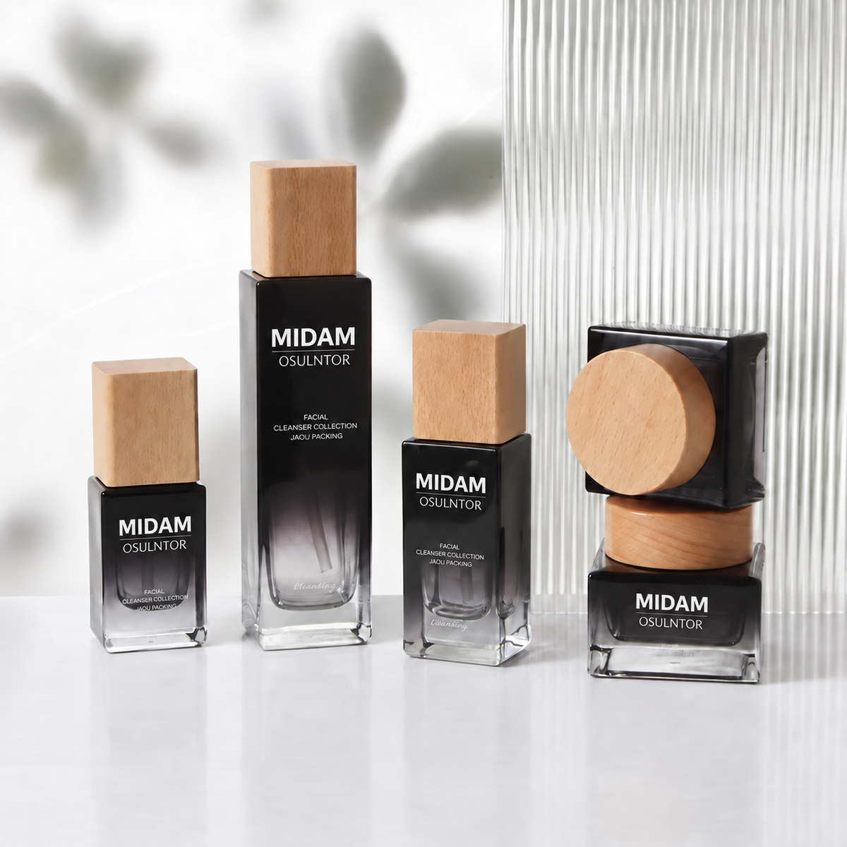 MB-0789 우드톤 캡 블랙 그라데이션 사각 유리 용기 세트 20ml / 30ml / 50ml / 100ml / 120ml / 30g / 50g