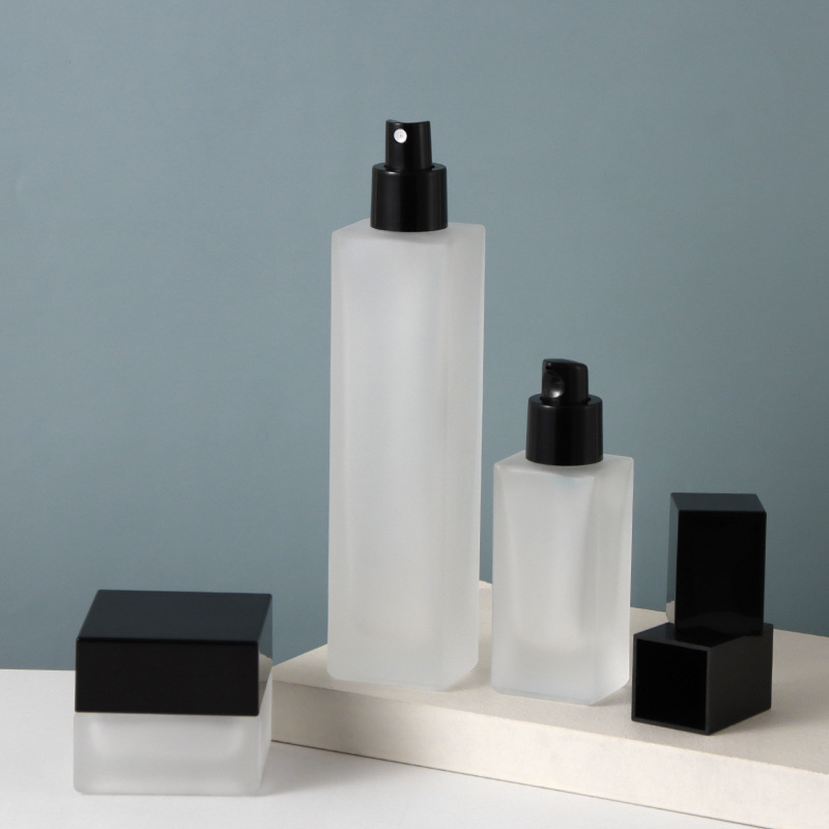 MB-0791 블랙 캡 반투명 사각 유리 용기 세트 30ml / 50ml / 100ml / 120ml / 30g
