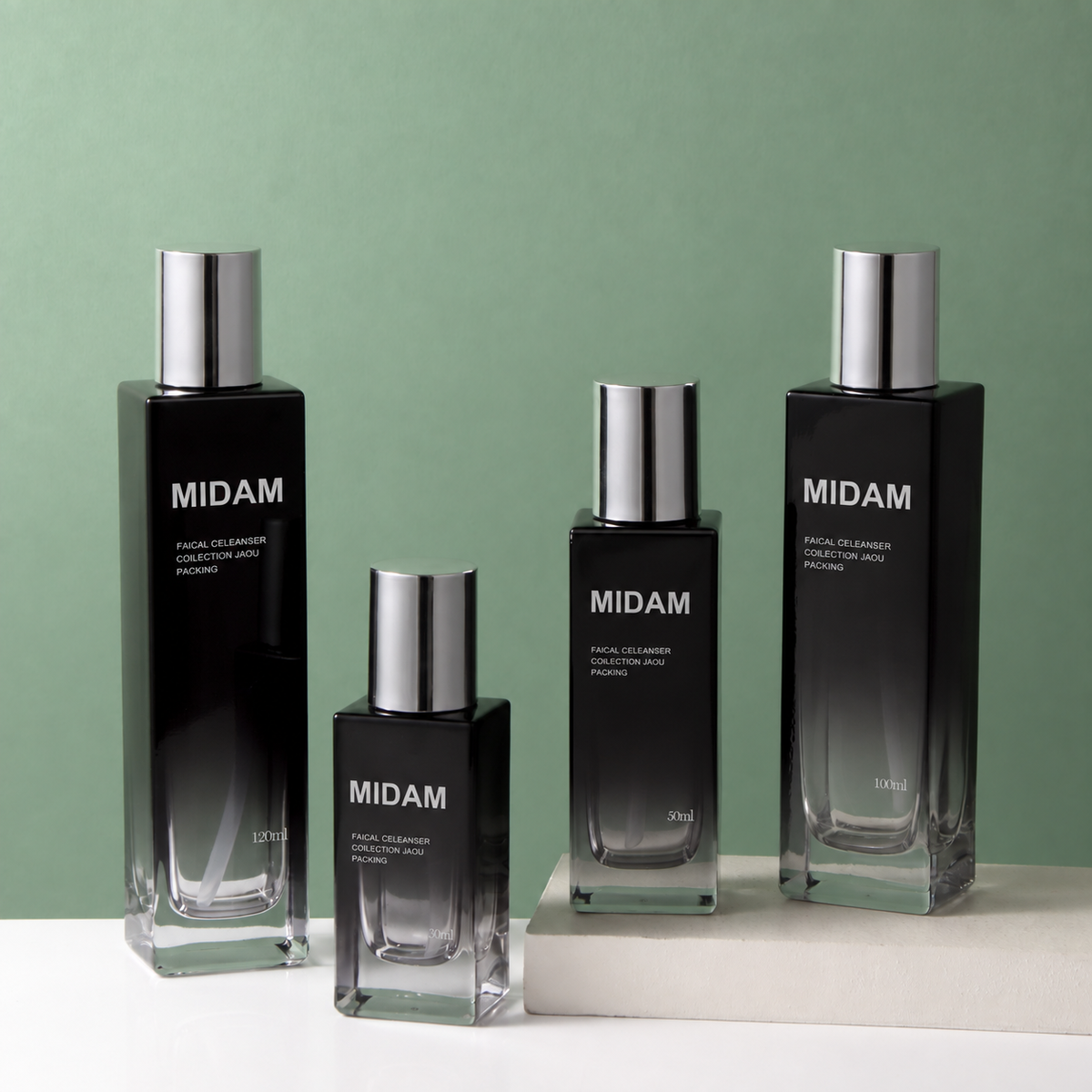 MB-0796 실버 캡 블랙 그라데이션 사각 유리 용기 세트 30ml / 50ml / 100ml / 120ml / 30g / 50g