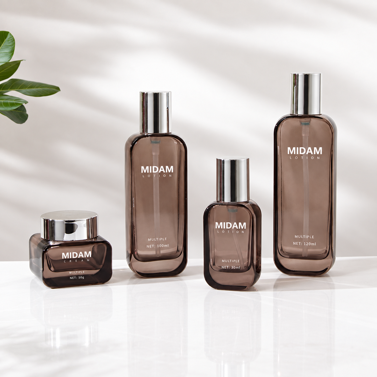 MB-0797 실버 캡 브라운 사각 유리 용기 세트 30ml / 50ml / 100ml / 120ml / 30g / 50g