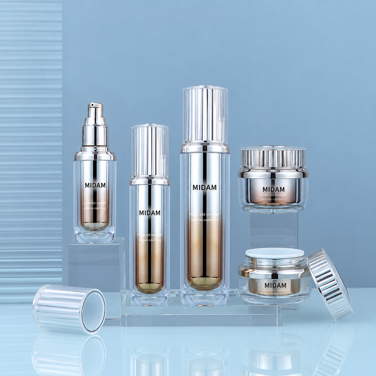 MB-0837 실버 리브 캡 아크릴 용기 세트 30ml / 50ml / 100ml / 50g / 80g