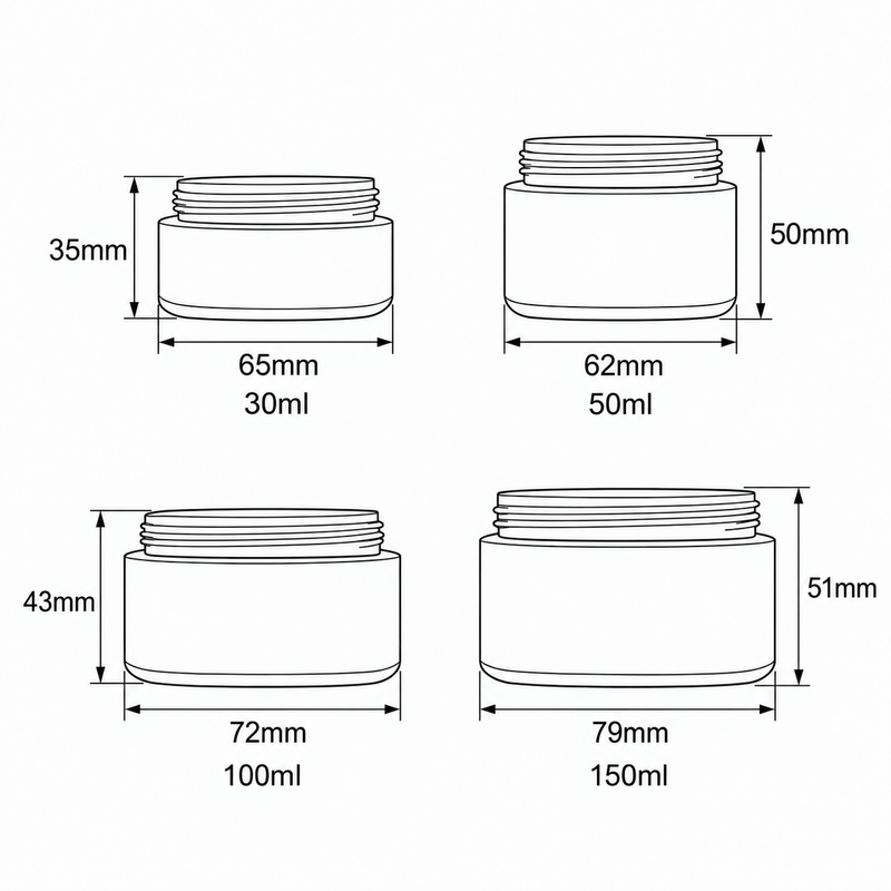 MB-1034 치수도. 오른쪽 위 50mL 규격은 본체 외경 62mm, 캡을 제외한 높이 50mm로 표시되어 있습니다.